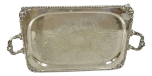 Vintage English Victorian Twin Handle Silver Plated Bar Serving Platter Tray