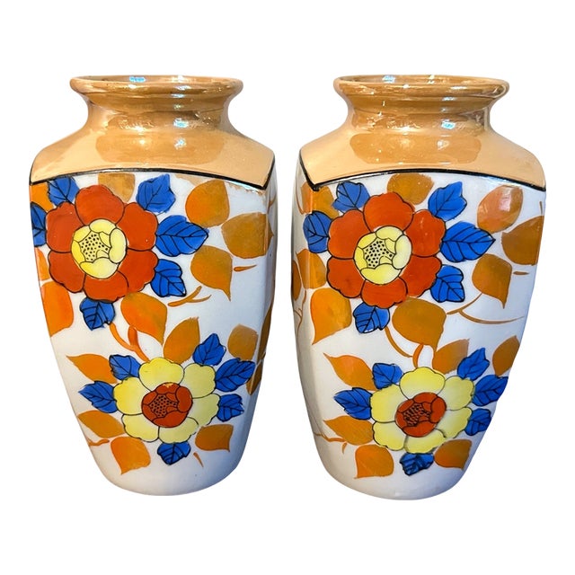Vintage 1930s Japaneses Hand Painted Floral Lusterware Vases - A Pair For Sale