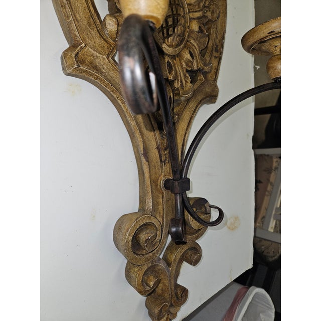 Rustic European 1980s Distress Painted and Carved Wood and Iron Two Arm Pricket Sconces - A Pair For Sale - Image 3 of 7