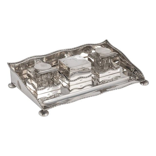 Antique 20th Century Edwardian Silver Inkwell Desk Set, Chester, 1908, Set of 4 For Sale