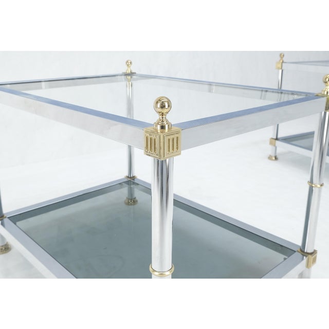 Mid-Century Modern Rectangle Chrome & Brass Smoked Glass Two Tier End Side Tables - A Pair For Sale - Image 3 of 9