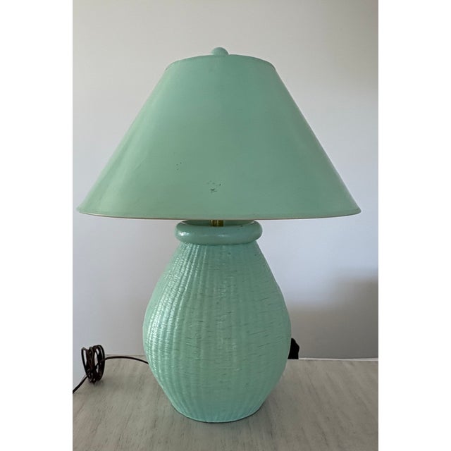 Wood Vintage Boho Coastal Chic Painted Wicker Table Lamp With Lacquered Paper Shade For Sale - Image 7 of 9