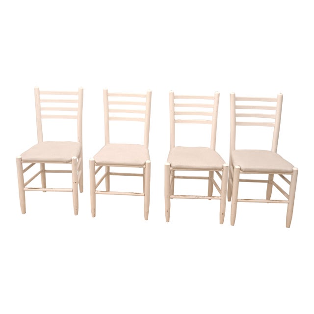 Vintage Wood Ladder Back Child's Accent Chair With Light Grey Upholstered Seat. Set of 4 For Sale