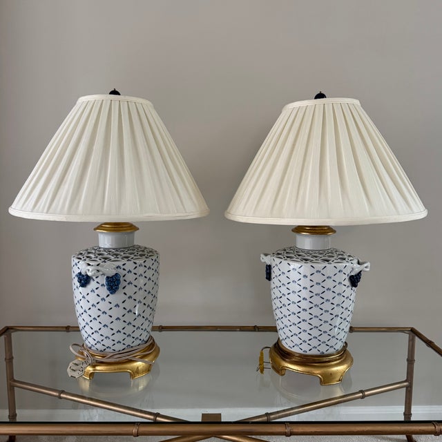 1980s Chinoiserie Hollywood Regency Blue and White Fishnet Table Lamps With Custom Fabric Shades - A Pair For Sale - Image 17 of 17