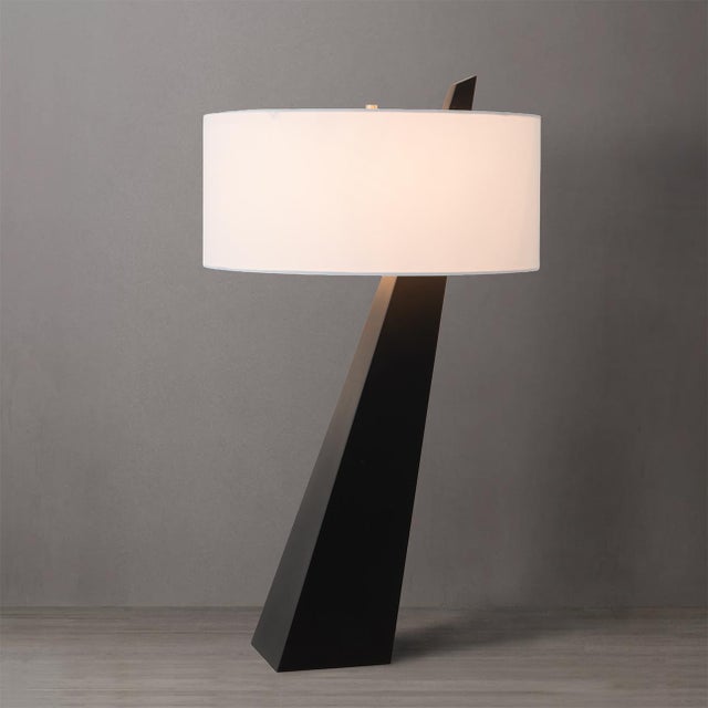 2020s Obelisk Premium Quality Table Lamp, Black Oak, Satin Nickel, White Cotton-Linen Shade, Energy-Efficient Led Compatible For Sale - Image 5 of 7