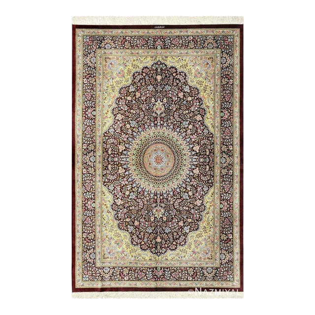 Nazmiyal Collection Fine Brown Silk Persian Qum Area Rug For Sale