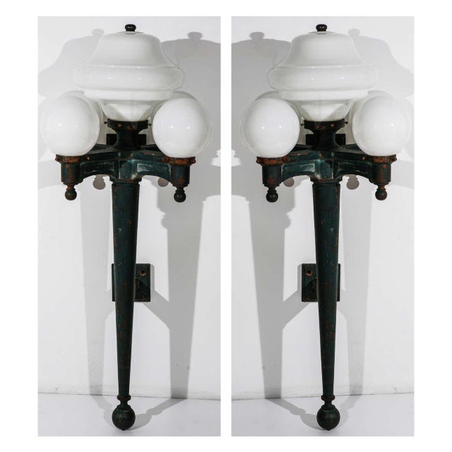 1910/20's Vintage Massive Cast Iron & Milk Glass Exterior Wall Sconces - A Pair For Sale - Image 11 of 11
