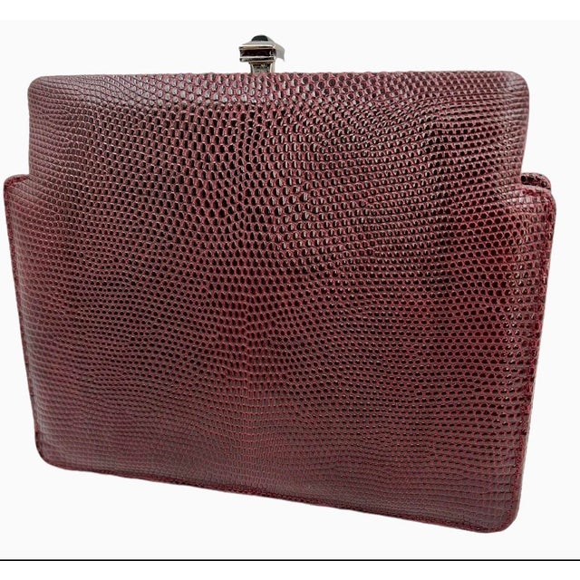 1990s 1990s Judith Leiber Lizard Skin Brown Burgundy Day Evening Handbag Gem Enamel Vintage For Sale - Image 5 of 12