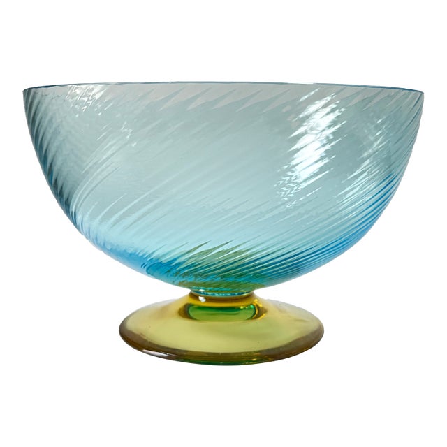 Signed Carlo Moretti Murano Blue Rigadin Large Serving Bowl, Italian Art Glass For Sale