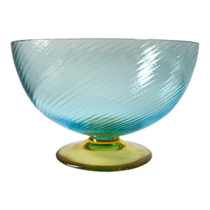 Signed Carlo Moretti Murano Blue Rigadin Large Serving Bowl, Italian Art Glass