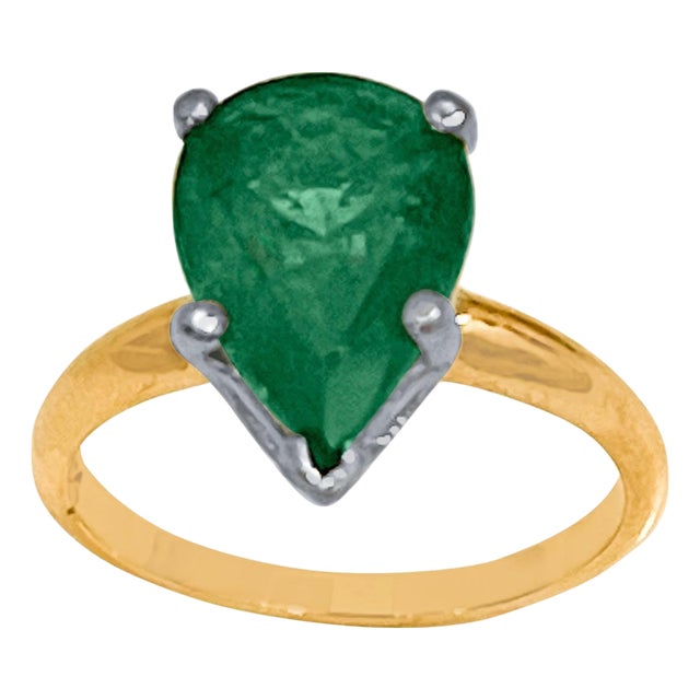 3 Carat Pear Cut Natural Emerald Ring 14 Karat Yellow & White Gold, Size 5.25 For Sale