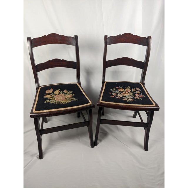 American Pair of Vintage Tell City Style Dark Wood Chairs With Black Floral Needlepoint Seats For Sale - Image 3 of 14