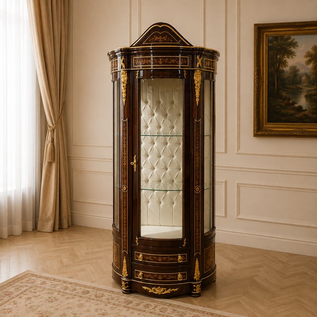 Elevate your interior with this Grand French Louis XV Style Vitrine Cabinet, an elegant statement piece designed to...