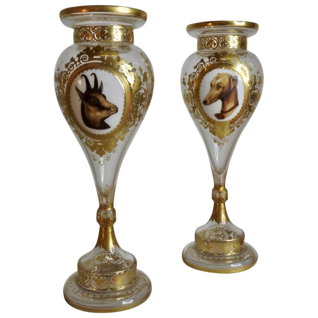 Late 19th Century Bohemian Vases With Animal Vignettes For Sale