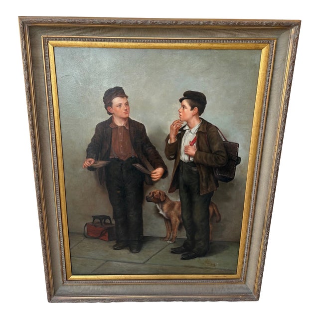 Large Oil on Canvas of Shoe Shine Boys Signed Edwards For Sale