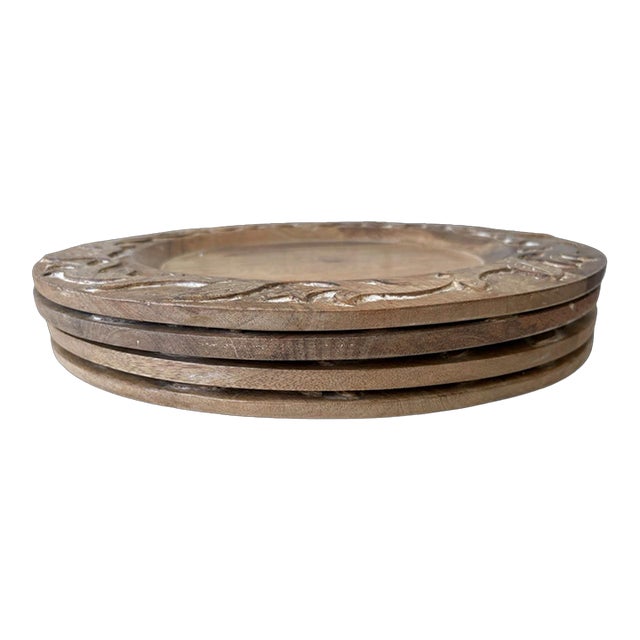 Vintage Pier 1 Imports Carved Wood Leaf and Vine 14” Charger Plates — Set of 4 For Sale