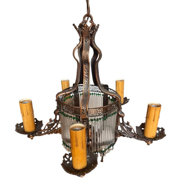 1920s Chandelier With Original Bronze Patina and Glass Beads For Sale - Image 9 of 10