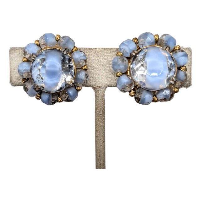 Vintage 1950s Signed Hattie Carnegie Blue/Clear Givre Clip Earrings For Sale