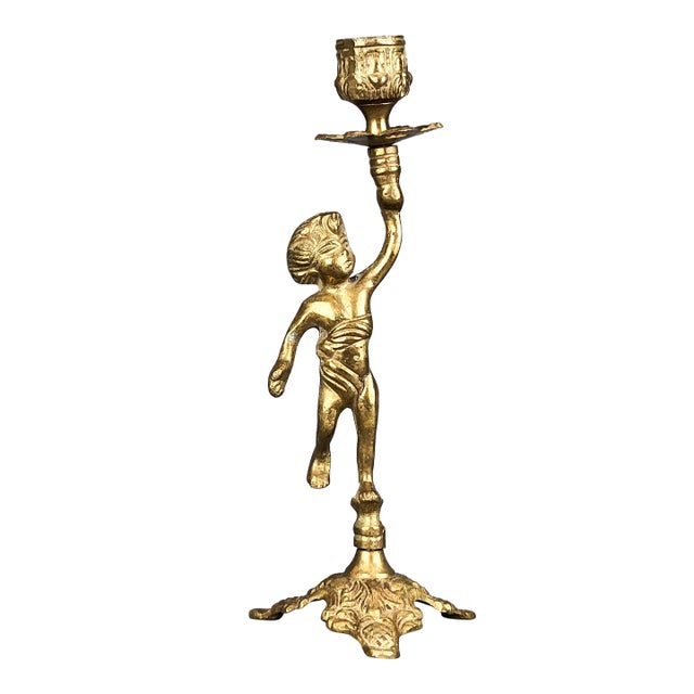 Vintage Italian Brass Cherub Candlestick Holder For Sale