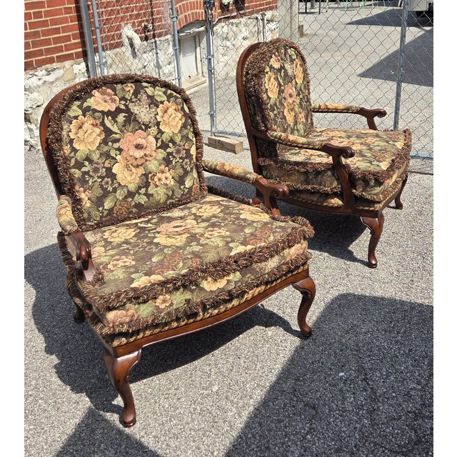 Extra Large Pair of Vintage Parlor Chair With Removable Fringed Cushions. Floral tapestry fabric. Bottom cushion cover is...