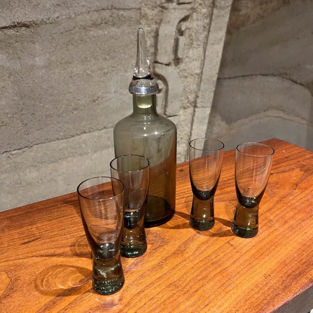Mid 20th Century Mid-Century Modern Smoke Glass Decanter Set With Four Shot Glasses Scandinavian For Sale - Image 5 of 11