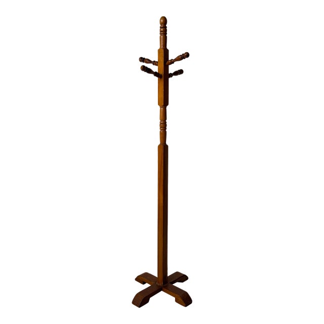1970s Vintage Turned Wood Coat Rack Stand For Sale