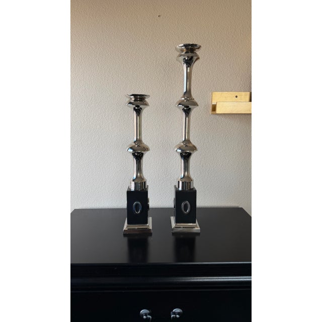 Chrome Pair of Global Views Polished Nickel Sculptural Candlesticks, 24.5” & 18.5” For Sale - Image 8 of 11