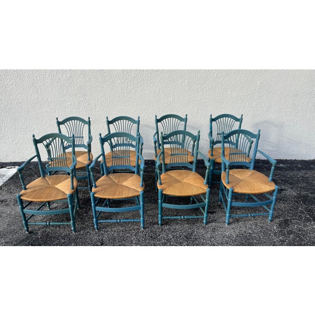 Set of Eight Country French Wheat Sheaf Back Chairs, Rush, Painted Wood. The color seems to be dark aqua blue.