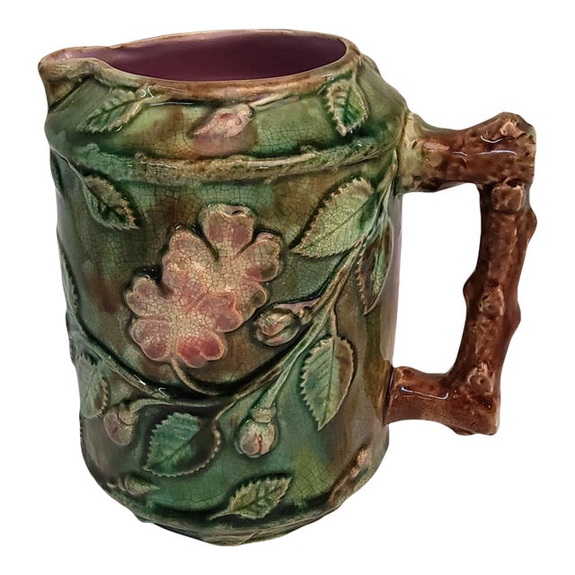 Majolica Pottery Jug Dogwood Pattern C 1870 For Sale