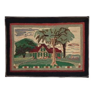 Circa 1930s Cottage Scene Hooked Rug Professionally Mounted for Hanging