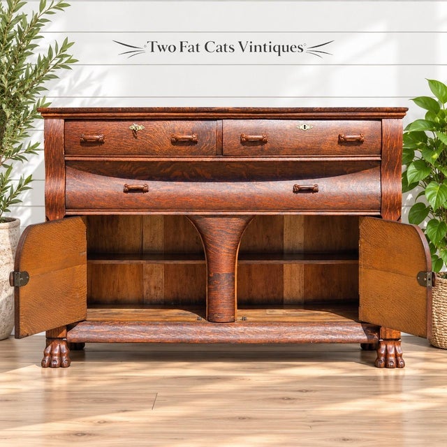 Antique Buffet | American Empire Server | Tiger Oak Sideboard With Carved Lion Paw Feet | Ogee Scroll Drawer | C1890-1915 | 54" Wide For Sale - Image 4 of 18