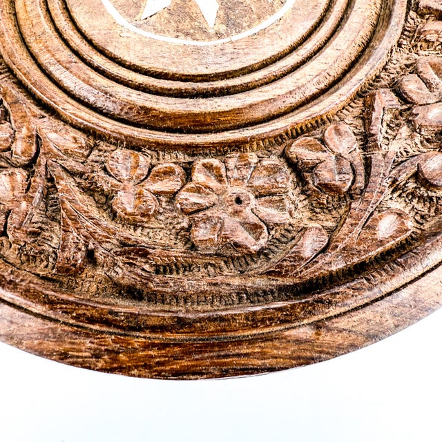 Vintage Carved Folding Plant Stand Teak Wood With Inlay Detailing For Sale In Portland, ME - Image 6 of 11