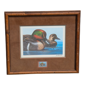 1970s Federal Migratory Bird Hunting and Conservation Stamp Print Titled "Green-Winged Teal" by Artist Ken Michaelsen.