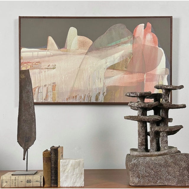 Vintage Abstract Expressionist Oil Painting by Jane Potash, Signed (1970, Framed). Housed in a walnut wood slat artist’s...