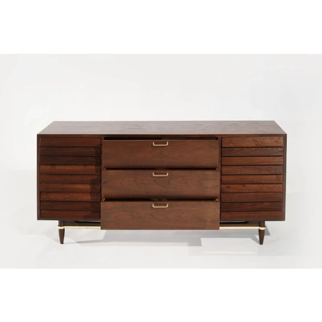 Mid Century Modern Walnut Dresser With Brass Accents, C. 1950s For Sale - Image 4 of 12