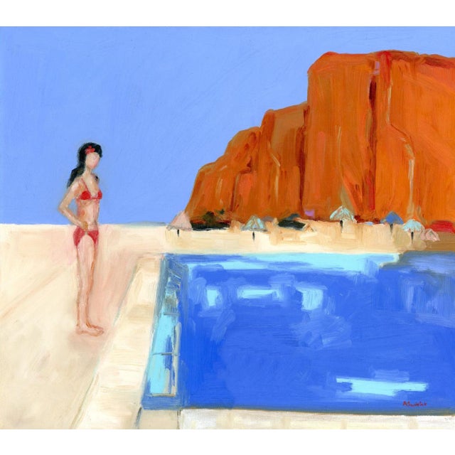 Wood After David Hockney Abstract Poolside Beach Landscape Oil Painting by Alexandra Swistak For Sale - Image 7 of 11