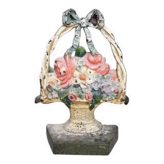 Vintage Painted Cast Iron Floral Basket Doorstop With Bow For Sale