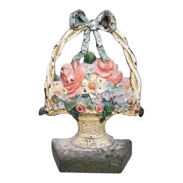 Vintage Painted Cast Iron Floral Basket Doorstop With Bow For Sale