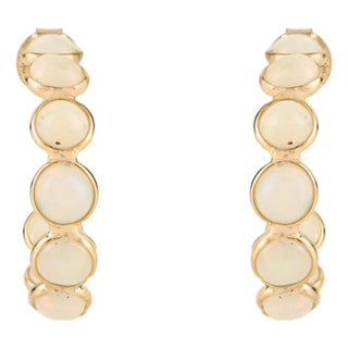 18k Yellow Gold 2.82 Ct Fire Opal Cabochon Hoop Earrings for Her- A Pair For Sale