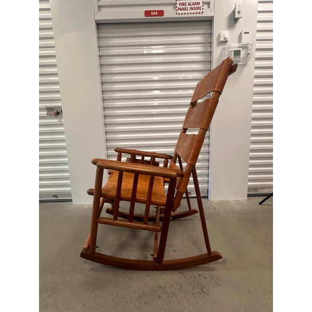 Mid 20th Century Mid 20th Century Campaign Style Teak Brown Leather Folding Rocker Rocking Chair For Sale - Image 5 of 12