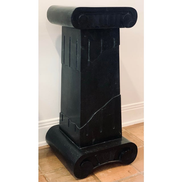 Art Deco Early 20th Century Black Marble Veneer Plinth, Pedestal in the Style of Grosfeld House With Scroll Motifs & Neoclassical Ionic Fluted Column Details For Sale - Image 3 of 12