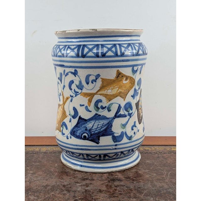 18th Century Sicilian Caltagirone Tin-Glazed Albarello with Fish Decoration For Sale - Image 9 of 13