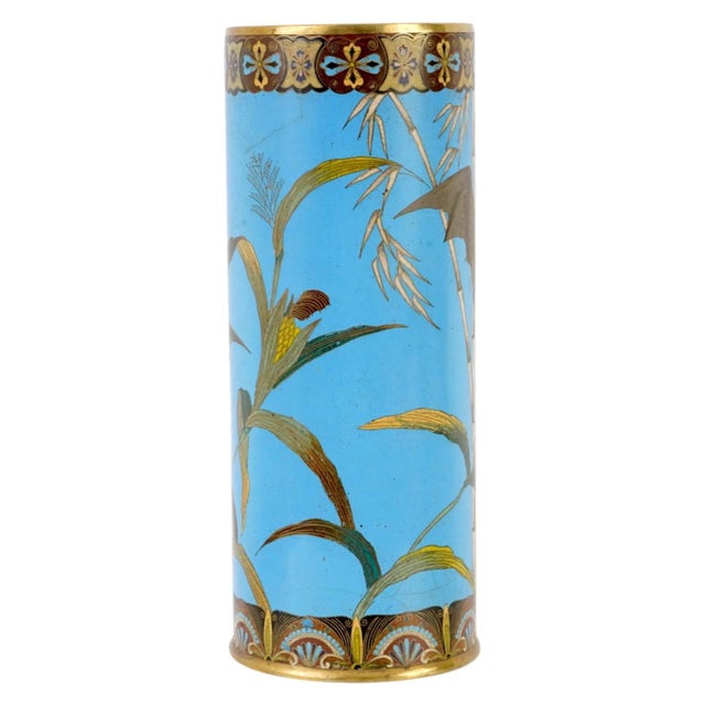 Large Japanese Cloisonne Enamel Vase Bat Bamboo Meiji Period For Sale - Image 4 of 7