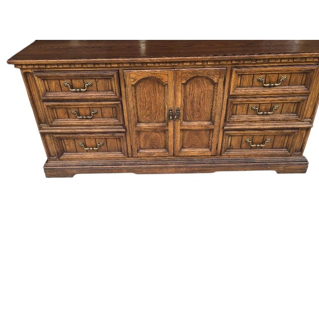 Traditional Vintage Dixie Oak Triple Dresser Credenza | 9 Drawer Solid Wood Buffet | Traditional Storage Cabinet For Sale - Image 3 of 7