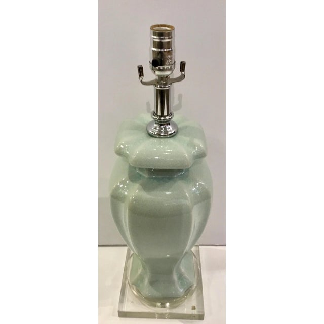 Stylish Transitional Blue Crackle Glaze Porcelain Urn Table Lamp, stacked glass base, showroom floor sample Body Height: 17”