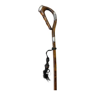 Antique 19th Century Handmade Tooled Sterling Silver Wood Walking Stick Cane For Sale