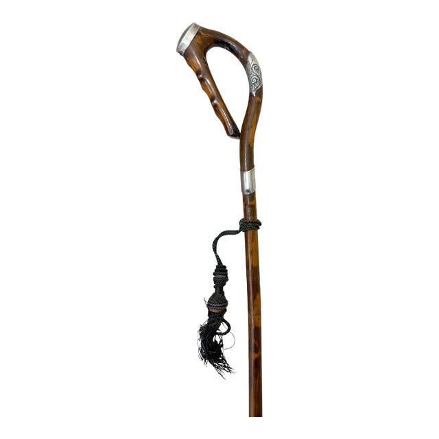 Antique 19th Century Handmade Tooled Sterling Silver Wood Walking Stick Cane For Sale