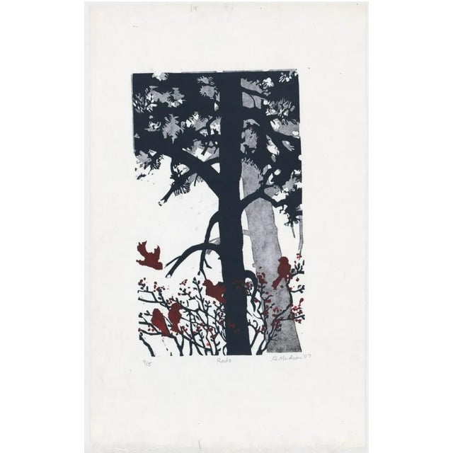 2007 linocut of birds "Reds" by Laramie, Wyoming artist Ginnie Madsen. Pencil signed, titled and numbered 4 of 5.