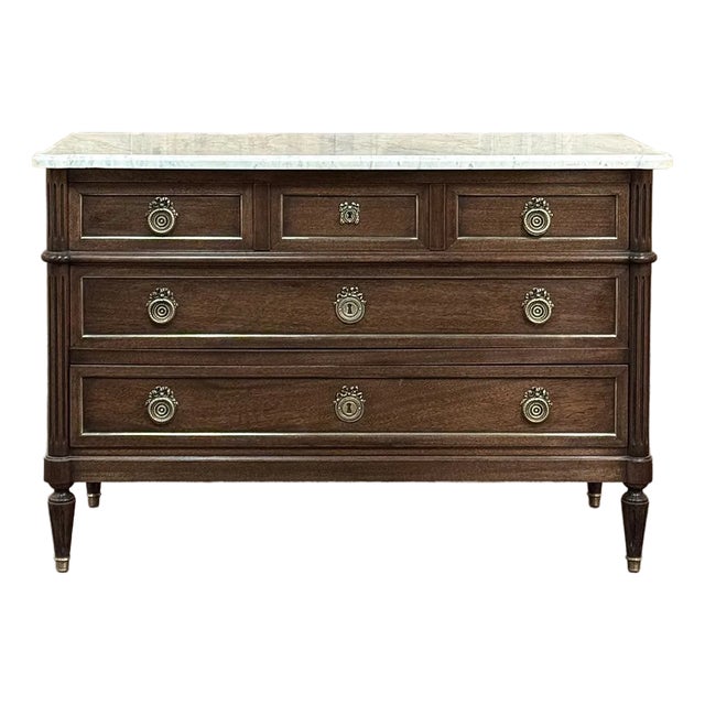 19th Century French Louis XVI Mahogany Commode With Carrara Marble For Sale