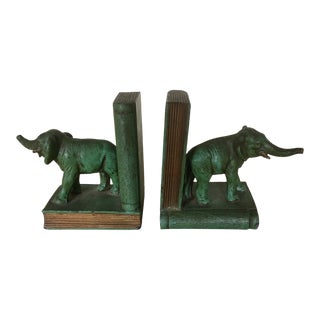 Antique Green Metal Elephant Bookends For Sale